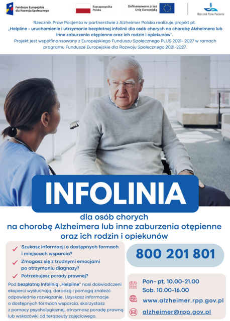 Infolinia ,,Helpline&rdquo; dla os&oacute;b chorych na chorobę Alzheimera lub inne zaburzenia otępienne oraz ich rodzin i opiekun&oacute;w.